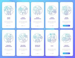 Water sanitation management blue gradient onboarding mobile app screens set. Walkthrough 5 steps graphic instructions with linear concepts. UI, UX, GUI template vector