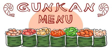 Japanese sushi menu banner. Gunkanmaki maki set on white background. vector