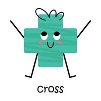 Vector green cross character. Cute geometric figure with face, blush and hair. Illustration with cross text for school and kindergarten. Cute funny smiling cross shape character for kids design.