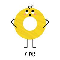 Vector yellow ring character. Cute geometric figure with face, blush and hair. Illustration with ring text for school and kindergarten. Cute funny surprised ring shape character for baby design.