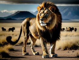 lleno cuerpo retrato de un africano león en el sabana foto