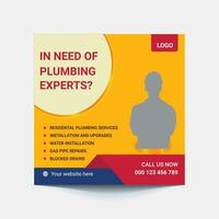 Modern handyman business promotional web banner bundle with red and green colors. Plumbing service advertisement template set for social media marketing. Professional plumber hiring template bundle. vector