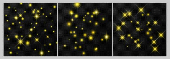 Set of three gold backdrops with stars and dust sparkles isolated on dark vector