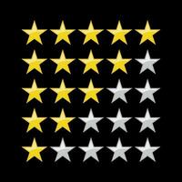 Rating sticker icon with five gold stars on a white background. Flat design vector