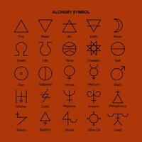 Collection of alchemy symbol, esoteric glyphs, pictograms and symbols. Mystic and alchemy signs linear style vector