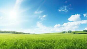 Beautiful summer landscape with green meadow and blue sky with clouds. Generative AI photo