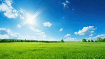 Beautiful summer landscape with green meadow and blue sky with clouds. Generative AI photo