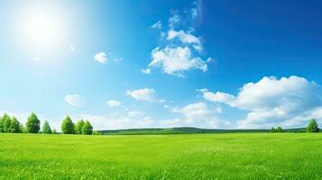 Beautiful summer landscape with green meadow and blue sky with clouds. Generative AI photo