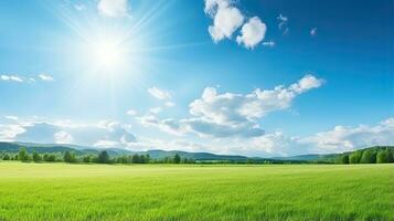 Beautiful summer landscape with green meadow and blue sky with clouds. Generative AI photo