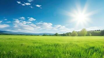 Beautiful summer landscape with green meadow and blue sky with clouds. Generative AI photo