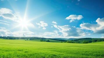 Beautiful summer landscape with green meadow and blue sky with clouds. Generative AI photo