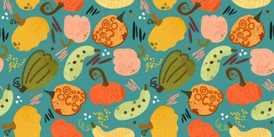 Vector bright seamless pattern with various pumpkins