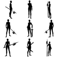 Bundle pose of man using spear ax silhouette art style series 3 vector