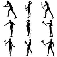 Bundle 3 poses of man using magic wand silhouette art style vector