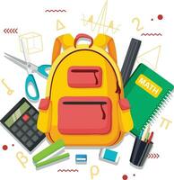 School Supplies Backpack In 3d Concept Illustration Displayed On White Background, School Objects, School Supplies, School Stationery Background Image vector