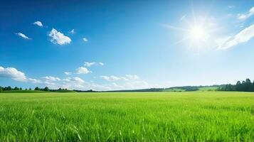 Beautiful summer landscape with green meadow and blue sky with clouds. Generative AI photo