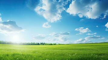 Beautiful summer landscape with green meadow and blue sky with clouds. Generative AI photo