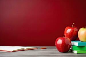 espalda a colegio concepto con libros, lapices y manzana en de madera mesa. generativo ai foto