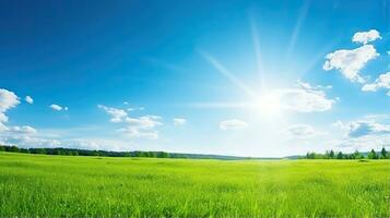 Beautiful summer landscape with green meadow and blue sky with clouds. Generative AI photo