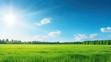 Beautiful summer landscape with green meadow and blue sky with clouds. Generative AI photo