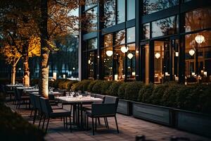 Luxury restaurant with tables and chairs in the evening. Restaurant exterior.  Generative AI photo