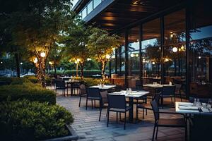 Luxury restaurant with tables and chairs in the evening. Restaurant exterior.  Generative AI photo