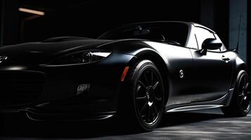 Close up front view of black sports car with copy space. photo