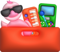 Kids toys box baby container with toyshop Rubber duck toy piano keyboard gamepad set illustration png