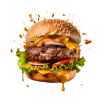 Flying big hamburger isolated on transparent background, Generative AI png