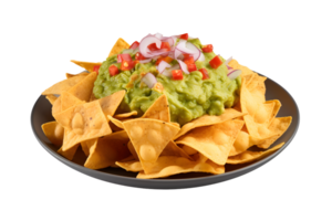 Plate of spicy nachos with guacamole isolated on transparent background. Generative AI png