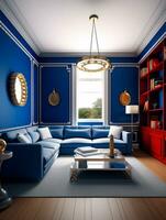 arafa habitación con azul paredes y un azul sofá y café mesa. generativo ai. foto