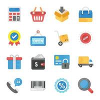 colección de iconos planos de compras y comercio vector