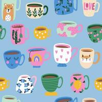 Seamless pattern with Hand drawn various Coffee and tea cup. Vector illustration.