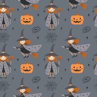 Halloween seamless pattern with hand drawn elements and  witch. Vector illustrations