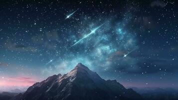 a view of a mountain with a shooting star in the sky. generative ai. photo