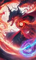 Fractal illustration of dragon. Fantasy fractal artwork of dragons with fire flames for creative graphic design. AI generated. photo