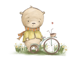 Cartoon drawing of a bear on a bicycle, illustration for the design of children's books or children's rooms or children's parties png