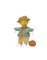 cute drawing of autumn scarecrow with bird and pumpkin for halloween or thanksgiving day png