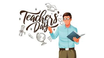 Teachers Day Banner With Teacher Character Holding Books Pointing Calligraphy Education Doodle Illustration vector
