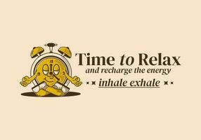 hora a relajarse y recargar energía, alarma reloj mascota personaje en meditación actitud vector