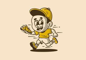 illustration of a little boy running and holding a slice of pizza vector