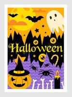 Halloween poster. Vector illustration with ghost, pumpkin, bats, spiders, moon and bones. Holiday background for Halloween party. Text design.