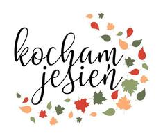 I love autumn Vector lettering illustration with Fallen leaves. Foliage and text isolated on white background. Wording in Polish language for Print, Poster, Banner, Flyer. Autumn seasonal decoration.