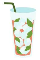 naranja limonada, plano estilo vector ilustración. dibujos animados verano bebida con jarabe, paja, hielo cubitos, menta en vaso. refrescante frío Fruta beber. gráfico para póster, bandera, volantes.