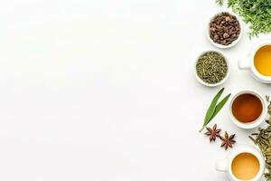 Green tea in a white teapot and cups on white background top view with copy space. Generative AI photo