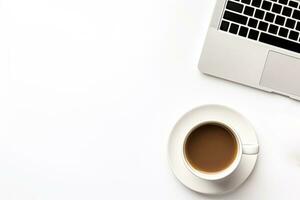 Office desk table with keyboard and coffee cup. Top view with copy space. Generative AI photo