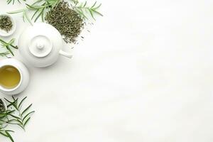 Green tea in a white teapot and cups on white background top view with copy space. Generative AI photo