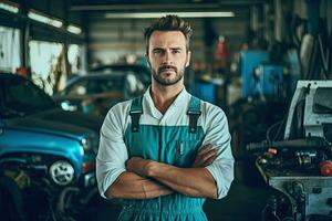 técnico, masculino auto mecánico en bata en moderno auto reparar comercio, cochera. generativo ai foto