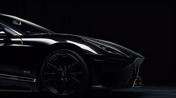 Close up front view of black sports car with copy space. Generative AI photo