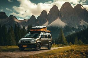 Camping in the mountains. Caravan car on the background of mountains. Generative AI photo